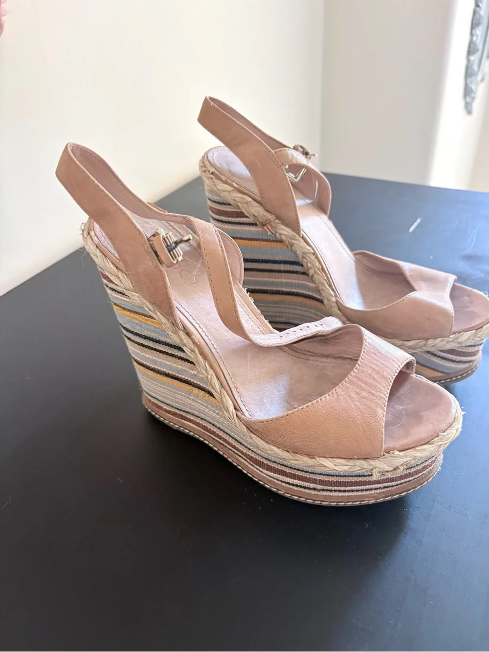 Aldo Blush Pink Multicolor Striped Wedge Espadrilles